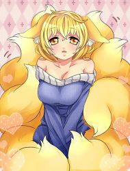 Rule 34 | 1girl, alternate costume, animal ears, argyle, argyle background, argyle clothes, bare shoulders, blonde hair, blush, breasts, cleavage, collarbone, ears down, fox ears, fox tail, heart, ibaraki natou, kitsune, kyuubi, large breasts, long hair, long sleeves, looking at viewer, multiple tails, naked sweater, off shoulder, open mouth, solo, sweater, tail, touhou, very long hair, yakumo ran, yellow eyes