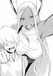 Rule 34 | 1boy, 1girl, age difference, animal ear fluff, animal ears, armpits, artist name, blush, boku no hero academia, breasts, commentary request, crescent, dark-skinned female, dark skin, face to breasts, faceless, faceless male, gloves, greyscale, grin, heattech leotard, highleg, highleg leotard, highres, hip focus, hood, hoodie, large breasts, leotard, long eyelashes, long hair, looking at viewer, mirko, monochrome, moon print, muscular, muscular female, open mouth, parted bangs, rabbit ears, shibusun, slit pupils, smile, sweatdrop, taking picture, teeth, thighs, tongue, turtleneck, upper body, wavy mouth