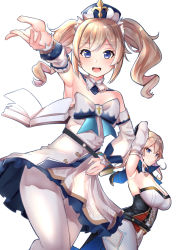Rule 34 | 2girls, :d, armpits, barbara (genshin impact), bare shoulders, blonde hair, blue eyes, bow, cowboy shot, detached collar, detached sleeves, dress, dress bow, drill hair, flat chest, genshin impact, hair between eyes, hand on own hip, headdress, highres, jean (genshin impact), looking at viewer, multiple girls, open mouth, outstretched arm, pantyhose, reaching, reaching towards viewer, short dress, siblings, simple background, sisters, smile, solo focus, strapless, strapless dress, teeth, twin drills, twintails, upper teeth only, white background, white dress, white legwear, white sleeves, zeroyama