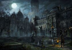 Rule 34 | 1boy, architecture, artist name, bloodborne, boots, building, city, cloud, concept art, fog, full body, full moon, goth fashion, gothic architecture, hat, highres, holding, holding lantern, hunter (bloodborne), jocus wang, lantern, moon, night, ornament, outdoors, pond, scenery, sky, solo, standing, statue, third-party source, water, weapon, yharnam