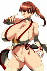 Rule 34 | 1girl, absurdres, ass, bare shoulders, breasts, brown hair, cleavage, clenched hand, clothes lift, covered erect nipples, curvy, dead or alive, hair ribbon, highleg, highleg panties, highres, huge breasts, judge (oekaki), kasumi (doa), long hair, looking at viewer, panties, partially visible vulva, pelvic curtain, pelvic curtain lift, ponytail, ribbon, short sleeves, sideboob, sleeveless, solo, thong, underwear, wide hips
