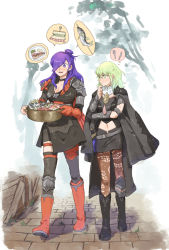 Rule 34 | 2girls, breasts, byleth (female) (fire emblem), byleth (fire emblem), cleavage, cooking pot, emer game, fire emblem, fire emblem: three houses, fire emblem warriors: three hopes, fish, fish (food), food, fork, green hair, hair over one eye, highres, knife, looking at another, meat, midriff, multiple girls, navel, nintendo, plate, purple hair, sandwich, shez (female) (fire emblem), shez (fire emblem), smile, thought bubble, walking