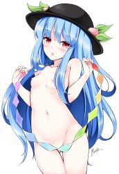 Rule 34 | 1girl, :o, artist name, bad id, bad pixiv id, blue hair, blush, breasts, convenient censoring, food, fruit, hat, highres, hinanawi tenshi, long hair, looking at viewer, maremay0513, nipples, nude, peach, red eyes, signature, simple background, small breasts, solo, touhou, white background