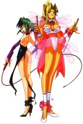 Rule 34 | 1990s (style), 2girls, age difference, bare back, bare shoulders, breasts, cleavage, cosplay, dress, ellis (toushinden), game, high heels, knife, kotobuki tsukasa, leotard, multiple girls, official art, size difference, sofia, sofia (toushinden), takara, tamsoft, toushinden, whip