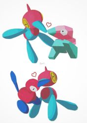 Rule 34 | 01coil, affectionate, creatures (company), evolutionary line, closed eyes, game freak, gen 1 pokemon, gen 2 pokemon, gen 4 pokemon, heart, highres, kiss, nintendo, no humans, pokemon, pokemon (creature), porygon, porygon-z, porygon2, signature, simple background, symbol-only commentary, white background