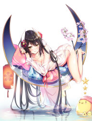 Rule 34 | 1girl, ass, azur lane, bare legs, bare shoulders, barefoot, bikini, black hair, blouse, branch, breasts, cherry blossoms, cleavage, collarbone, commentary request, flower, frilled sleeves, frills, full body, hair flower, hair ornament, halterneck, hiei (azur lane), highres, horns, lamp, large breasts, long hair, long sleeves, looking at viewer, lying, moon, on stomach, pillow, pink lips, see-through, shiny skin, shirt, simple background, smile, solo, swimsuit, very long hair, water, white bikini, white shirt, yellow eyes, youta