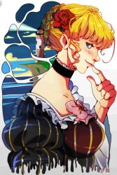 Rule 34 | 1girl, absurdres, beatrice (umineko), blonde hair, blue eyes, bow, choker, collarbone, dress, flower, hair bun, highres, juliet sleeves, lighthouse, long sleeves, pink bow, puffy sleeves, solo, striped clothes, umineko no naku koro ni, vertical-striped clothes, zucchinidraws