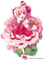 Rule 34 | 1girl, :d, blush, bow, capelet, christmas begonia (flower knight girl), commentary request, dmm, dress, flower, flower knight girl, full body, hair ribbon, heart, long hair, long sleeves, mary janes, morinaga kobato, official art, open mouth, pink hair, red dress, red eyes, red footwear, ribbon, footwear bow, shoes, simple background, smile, solo, standing, standing on one leg, white background