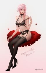 Rule 34 | 1girl, absurdres, artist name, bare shoulders, black bra, black choker, black footwear, black panties, black thighhighs, blue eyes, bra, bra tug, breasts, choker, collarbone, facebook username, final fantasy, final fantasy xiii, gradient background, groin, hair over shoulder, high heels, highres, jewelry, lace, lace-trimmed legwear, lace bra, lace choker, lace panties, lace trim, large breasts, leirix, lightning farron, lingerie, long hair, looking at viewer, navel, necklace, panties, parted lips, petals, pink hair, red lips, sidelocks, signature, simple background, sitting, solo, stomach, strap slip, thighhighs, underwear, underwear only, wavy hair