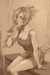 Rule 34 | 1girl, animal ears, bare arms, bare shoulders, bird ears, bird tail, blush, breasts, bunny and fox world, candy, candy cane, cleavage, collarbone, commentary, d-rex, feet out of frame, food, highres, holding, large breasts, looking at viewer, monochrome, one eye closed, ponytail, sepia, sexually suggestive, short hair, short shorts, shorts, sitting, solo, tail, tank top, tongue, tongue out