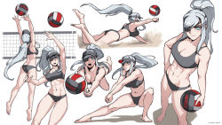 Rule 34 | 1girl, abs, artist name, ass, ball, banned artist, blue eyes, breasts, commentary, english commentary, eyepatch, full body, genkai zero, highres, holding, holding ball, jumping, large breasts, long hair, looking at viewer, midriff, multiple views, navel, open mouth, original, playing sports, ponytail, sand, simple background, teeth, tongue, valestina (genkai zero), volleyball, volleyball (object), volleyball net, watermark, white background