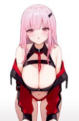 Rule 34 | 1girl, :o, absurdres, bare shoulders, blush, breasts, cleavage, hair ornament, highres, hololive, hololive english, jacket, koahri, large breasts, long hair, long sleeves, looking at viewer, mori calliope, navel, open clothes, open jacket, open mouth, pink hair, red eyes, red jacket, simple background, solo, virtual youtuber, white background