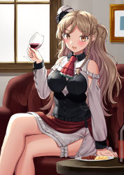 Rule 34 | 1girl, alcohol, anchor, armpits, ascot, bare shoulders, blonde hair, blouse, blush, bodice, bottle, braid, breasts, bridal garter, brown eyes, cheese, cleavage cutout, clothing cutout, corset, couch, cup, drink, drinking glass, food, french braid, ham, hat, kantai collection, layered skirt, long hair, looking at viewer, mayura (lucadia), medium breasts, mini hat, miniskirt, open mouth, plate, portrait (object), red ascot, shirt, shoulder cutout, side braid, sitting, skirt, solo, table, tilted headwear, wavy hair, white shirt, window, wine, wine bottle, wine glass, zara (kancolle), zara due (kancolle)