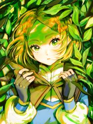 Rule 34 | 1girl, 43 pon, black gloves, blonde hair, braid, cape, crown braid, fingerless gloves, gloves, green eyes, hair ornament, hairclip, hands up, highres, leaf, nintendo, open mouth, parted bangs, plant, princess zelda, short hair, solo, the legend of zelda, the legend of zelda: breath of the wild, the legend of zelda: tears of the kingdom, thick eyebrows