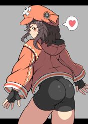 Rule 34 | 1girl, arc system works, artist request, ass, bike shorts, brown eyes, brown hair, fingerless gloves, from behind, gloves, guilty gear, guilty gear strive, hat, highres, long hair, looking at viewer, looking back, may (guilty gear), open mouth, parka, shiny skin, smile, solo