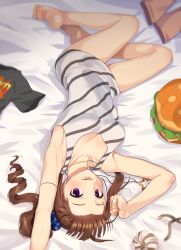 Rule 34 | 1girl, ahoge, arm up, barefoot, bed sheet, black shirt, blue scrunchie, brown hair, burger, commentary, diagonal-striped shirt, drill hair, food, from above, hair ornament, hair scrunchie, idolmaster, idolmaster million live!, jewelry, kamille (vcx68), legs, looking at viewer, lying, necklace, no pants, on back, on bed, open mouth, pillow, print scrunchie, print shirt, purple eyes, scrunchie, shirt, short hair, short sleeves, side drill, side ponytail, sleepwear, smile, solo, star (symbol), star necklace, star print, striped, t-shirt, tank top, upside-down, white shirt, yokoyama nao