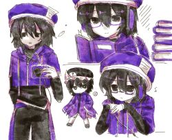 Rule 34 | 1other, ?, adapted costume, androgynous, bingkuaihei, black eyes, black hair, black headwear, black pants, black shirt, book, bright pupils, camera, coat, colored skin, commentary request, cropped jacket, glasses, hair between eyes, hat, headphones, highres, holding, holding camera, hood, hood down, hooded jacket, jacket, layered sleeves, len&#039;en, long sleeves, multiple views, open mouth, other focus, pants, purple coat, purple headwear, purple jacket, reading, second-party source, shirt, shitodo kuroji, short hair, short over long sleeves, short sleeves, simple background, white background, white pupils, white skin