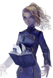 Rule 34 | 1girl, atlus, blonde hair, blue dress, book, card, club3, dress, eyelashes, hairband, highres, lips, long hair, long sleeves, looking at viewer, margaret, margaret (persona), megami tensei, open book, persona, persona 4, ponytail, shin megami tensei, simple background, solo, white background, yellow eyes