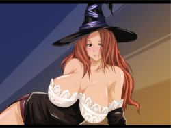 Rule 34 | 1girl, arm support, bare shoulders, blush, breasts, brown eyes, curvy, detached sleeves, dragon&#039;s crown, dress, female focus, hat, large breasts, long hair, lying, on side, orange hair, reizima, solo, witch, sorceress (dragon&#039;s crown), strapless, strapless dress, vanillaware, witch, witch hat