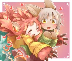 Rule 34 | 1girl, 1other, :d, animal ears, animal hands, aqua skirt, artist name, blush, border, brown fur, closed eyes, commentary request, embarrassed, fewer digits, furry, glomp, green sweater, grey hair, hands up, heart, hug, hug from behind, long hair, long sleeves, made in abyss, mitty (made in abyss) (furry), mumu yu mu, nanachi (made in abyss), number pun, open mouth, outside border, pink fur, pink hair, pink skirt, purple background, short hair, sidelocks, skirt, smile, sweater, teeth, translation request, upper teeth only, whiskers, white border, yellow eyes, yellow sweater