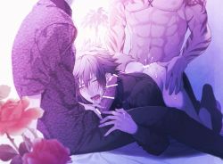 Rule 34 | 3boys, abs, anal, ass, bed, bottomless, censored, cum, cum in ass, cumdrip, erection, final fantasy, final fantasy xv, flower, gladiolus amicitia, group sex, ignis scientia, male focus, male penetrated, mmm threesome, multiple boys, muscular, noctis lucis caelum, penis, sex, sitting, tattoo, threesome, yaoi