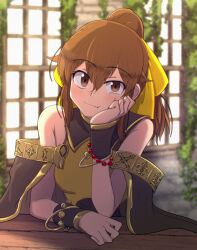 Rule 34 | 1girl, bare shoulders, bow, bracelet, breasts, brown eyes, brown hair, chromatic aberration, delthea (fire emblem), fang, fang out, fire emblem, fire emblem echoes: shadows of valentia, hair between eyes, hair bow, hand on own face, highres, hiramine akira, jewelry, medium breasts, medium hair, nintendo, ponytail, solo, uneven eyes, window, yellow bow
