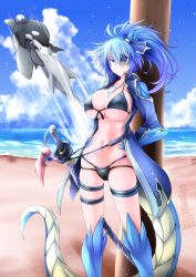 Rule 34 | 1boy, 1girl, absurdres, annes (g (genesis1556)), artist name, beach, bikini, black bikini, blue eyes, blue hair, blue jacket, blue sky, breasts, cleavage, closed mouth, clothing cutout, cloud, collarbone, commentary request, covered erect nipples, cowboy shot, day, dolphin, dragon boy, dragon girl, dragon horns, dragon tail, eyepatch, g (genesis1556), groin, hair between eyes, headbutt, high ponytail, highres, horns, jacket, jewelry, long hair, looking at viewer, monster girl, multi-strapped bikini, navel, necklace, ocean, ootachi, open clothes, open jacket, orca, original, outdoors, ponytail, rio (g (genesis1556)), scales, scar, scar across eye, scar on face, shadow, shark, sheath, sheathed, shoulder cutout, sidelocks, skindentation, sky, solo focus, standing, stitches, stomach, swimsuit, tail, thigh strap, tree, watermark