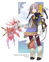 Rule 34 | :3, antlers, bad id, bad pixiv id, bag, deer, fairy, fins, frills, head wings, heterochromia, hooves, horns, mini person, minigirl, nishihara isao, outside border, oversized object, pixiv fantasia, pixiv fantasia 2, reindeer, ribbon, scepter, scissors, silver hair, solo, staff, twintails, wings