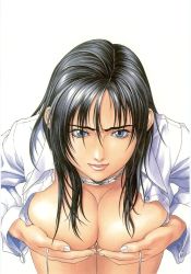 Rule 34 | 1girl, black hair, blue eyes, breast hold, breasts, cleavage, close-up, female focus, highres, inoue takuya, jewelry, large breasts, lips, long hair, necklace, open clothes, open shirt, shirt, simple background, solo, white background, white shirt