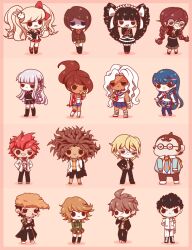 6+boys 6+girls :3 :d ahoge asahina_aoi backpack bag bandaged_leg bandaged_wrist bandages black_dress black_footwear black_hair black_jacket black_pants black_serafuku black_shirt black_socks blonde_hair blue_hair blue_jacket blue_sailor_collar blue_shorts blue_skirt blue_socks book boots bow braid brown_footwear brown_hair brown_pants brown_skirt celestia_ludenberg chibi cigarette closed_mouth commentary cosplay crossed_arms danganronpa:_trigger_happy_havoc danganronpa_(series) dark-skinned_female dark-skinned_male dark_skin denim denim_shorts donut dress drill_hair english_commentary enoshima_junko enoshima_junko_(cosplay) eyelashes facial_hair food fujisaki_chihiro fukawa_toko full_body glasses gothic_lolita green_shirt hagakure_yasuhiro hair_bow hair_ornament hair_ribbon hairclip half-closed_eyes hand_on_own_hip hands_on_own_hips highres holding holding_book holding_donut holding_food ikusaba_mukuro ishimaru_kiyotaka jacket kirigiri_kyoko kneehighs koki_arts kuwata_leon lolita_fashion long_hair maizono_sayaka mole mole_under_mouth multiple_boys multiple_girls naegi_makoto neck_ribbon neckerchief necktie ogami_sakura open_clothes open_jacket open_mouth orange_bag orange_necktie owada_mondo pants pink_bow plaid_clothes plaid_skirt pompadour ponytail purple_hair rabbit_hair_ornament red_bow red_hair red_jacket red_neckerchief red_necktie red_ribbon red_skirt ribbon round_eyewear sailor_collar scar scar_on_face school_uniform serafuku shirt short_hair shorts side_braid simple_background skirt smile smoking socks standing teeth togami_byakuya twin_braids twintails upper_teeth_only v-shaped_eyebrows white_hair white_jacket white_necktie white_pants white_socks yamada_hifumi yellow_footwear yellow_shirt