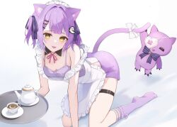 Rule 34 | 1girl, :p, absurdres, animal ears, apron, cat ears, cat girl, cat tail, commentary, detached collar, eyepatch, ghost hair ornament, hair ornament, highres, maid headdress, nif7y, no shoes, purple hair, purple shirt, purple socks, shinomiya runa, shirt, short twintails, socks, solo, tail, thigh strap, tongue, tongue out, twintails, virtual youtuber, vspo!, x hair ornament, yellow eyes