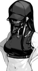 Rule 34 | 1girl, absurdres, armpit peek, baseball cap, blue archive, breasts, commentary, crop top, greyscale, hat, highres, long hair, mask, medium breasts, menea, midriff, monochrome, navel, off shoulder, saori (blue archive), solo, upper body