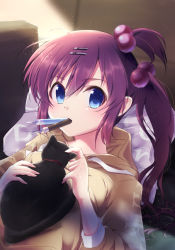 Rule 34 | 1girl, black cat, blue eyes, brown sweater, cat, cat on person, couch, food, hair bobbles, hair ornament, hood, hooded sweater, hoodie, little busters!, looking at viewer, lying, mouth hold, pen, pillow, popsicle, purple hair, saigusa haruka, side ponytail, solo, sweater, tagame (tagamecat), upper body