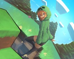 Rule 34 | 1girl, absurdres, black thighhighs, blush, borrowed character, commentary, creeparka, creeper, cupa (at2.), day, english commentary, green hoodie, highres, hood, hoodie, looking at viewer, medium hair, minecraft, nyxkz, open mouth, orange eyes, orange hair, outdoors, personification, smile, solo, teeth, thighhighs, upper teeth only
