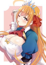 Rule 34 | 1girl, ahoge, arm under breasts, ascot, bad id, bad pixiv id, blue eyes, blue sleeves, blush, bone, braid, breasts, cleavage, dress, elbow gloves, gesugesu ahoaho, gloves, hair ribbon, heart, heart-shaped pupils, highres, large breasts, licking, long hair, one eye closed, orange hair, pecorine (princess connect!), pink background, princess connect!, puffy short sleeves, puffy sleeves, red ascot, red ribbon, ribbon, short sleeves, shrug (clothing), side braid, solo, symbol-shaped pupils, tiara, tongue, tongue out, two-tone background, white background, white dress, white gloves