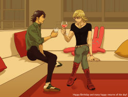 Rule 34 | 10s, 2boys, alcohol, barnaby brooks jr., beer, blonde hair, boots, brown eyes, brown hair, couch, cup, drinking glass, facial hair, full body, glasses, green eyes, indoors, kaburagi t. kotetsu, katou setsuko, male focus, multiple boys, pillow, shirt, stubble, stuffed animal, stuffed rabbit, stuffed toy, t-shirt, tiger &amp; bunny, wine, wine glass