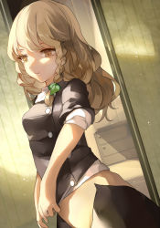 Rule 34 | 1girl, blonde hair, braid, dutch angle, kirisame marisa, long hair, no panties, open clothes, open skirt, out-of-frame censoring, puffy short sleeves, puffy sleeves, reeh (yukuri130), shirt, short sleeves, single braid, skirt, solo, touhou, undressing, vest, yellow eyes