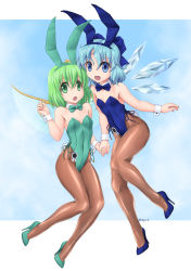 2girls, animal ears, blue eyes, blue footwear, blue hair, blue leotard, blue neckwear, bow, bowtie, brown legwear, bunny ears, bunny tail, cirno, commentary request, commission, daiyousei, detached collar, fairy wings, full body, green eyes, green footwear, green hair, green leotard, green neckwear, high heels, highres, ice, ice wings, leotard, looking at viewer, multiple girls, nyo, pantyhose, playboy bunny, pumps, shoes, short hair, skeb commission, stiletto heels, strapless, strapless leotard, tail, touhou, wings, wrist cuffs