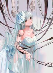 Rule 34 | 1girl, absurdres, bad id, bad pixiv id, breasts, bridal veil, buri (retty9349), chain, cleavage, collarbone, doll joints, dress, floral print, hairband, highres, joints, large breasts, leotard, long hair, original, parted lips, red eyes, restrained, see-through, silver hair, solo, strapless, strapless dress, tears, thighhighs, veil, very long hair, wedding dress, white dress, white hairband, white leotard, white thighhighs