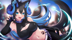 Rule 34 | 1girl, 60mai, animal collar, animal ear fluff, animal ears, antenna hair, black gloves, black hair, blue eyes, blue hair, blue nails, blurry, blurry background, breasts, chain, claw pose, cleavage, cleavage cutout, clothing cutout, collar, elbow gloves, fangs, fingerless gloves, gloves, hair between eyes, horn ornament, horns, indie virtual youtuber, large breasts, midriff, multicolored hair, multiple horns, nail polish, navel, paw print, sports bra, tongue, tongue out, two-tone hair, virtual youtuber
