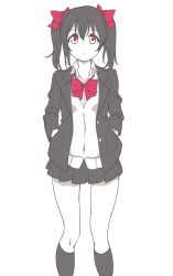 Rule 34 | 10s, 1girl, black hair, blazer, bow, bowtie, female focus, hair between eyes, hair bow, hands in pockets, jacket, kneehighs, love live!, love live! school idol project, miniskirt, monochrome, red bow, red bowtie, red eyes, school uniform, simple background, skirt, socks, solo, spot color, standing, tetopetesone, twintails, white background, yazawa nico