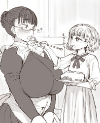 Rule 34 | 2girls, blush, breasts, cake, child, condessa, dress, feeding, food, glasses, gown, huge breasts, maid, multiple girls, plump, spoon, translation request