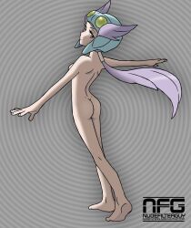 Rule 34 | 1girl, absurdres, arched back, armpits, artist name, ass, back, barefoot, breasts, collarbone, completely nude, creatures (company), dimples of venus, expressionless, eyelashes, feet, female focus, fingernails, floating hair, full body, game freak, grey background, gym leader, heel up, helmet, highres, legs, long eyelashes, long hair, looking at viewer, looking back, low ponytail, matching hair/eyes, medium breasts, navel, neck, nilterguy, nintendo, nude, nude filter, official art nude filter, outstretched arms, pokemon, pokemon oras, ponytail, purple eyes, purple hair, shoulder blades, sideboob, soles, spread arms, standing, thighs, thighs together, third-party edit, toes, turning head, unworn clothes, winona (pokemon)