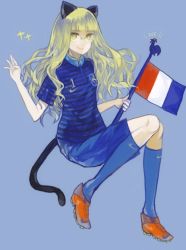 Rule 34 | 1girl, animal ears, artistic error, bad id, bad pixiv id, blonde hair, cat ears, cat tail, cleats, euro 2012, flag, flag pole, france, french flag, glasses, jersey, kneehighs, long hair, nike (company), perrine h. clostermann, shirono kuma, shorts, simple background, smile, soccer, soccer uniform, socks, solo, sportswear, strike witches, tail, world witches series, yellow eyes