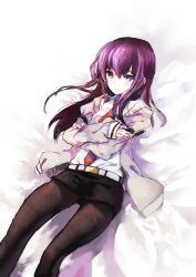 Rule 34 | 1girl, absurdres, blue eyes, crossed arms, female focus, highres, jacket, long hair, makise kurisu, necktie, open clothes, open jacket, pantyhose, purple hair, shirt, solo, steins;gate, white background, white shirt