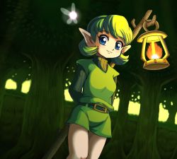 Rule 34 | 1girl, 2018, arms behind back, belt, belt buckle, blue eyes, blush, buckle, cowboy shot, dutch angle, fairy, fire, forest, green hair, lantern, looking at viewer, looking down, nature, nintendo, pointy ears, saria (zelda), shorts, smile, solo, sweater, takamame, the legend of zelda, the legend of zelda: ocarina of time, tree, turtleneck, turtleneck sweater