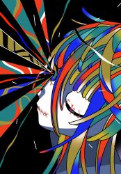 Rule 34 | 1girl, black background, closed mouth, colored skin, colorful, eye beam, hair between eyes, highres, looking away, machigami yoh, multicolored eyes, multicolored hair, one eye closed, original, portrait, simple background, solo, stitched eye, stitched mouth, stitches, tagme, white skin
