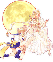 Rule 34 | 3girls, androgynous, arm behind back, barefoot, bishoujo senshi sailor moon, blonde hair, blue footwear, blue sailor collar, blue skirt, boots, bow, double bun, dress, dual persona, closed eyes, full body, full moon, hair ornament, hairclip, holding hands, highres, holding, long hair, moon, multiple girls, on one knee, pants, pinya, pleated skirt, princess serenity, sailor collar, sailor uranus, short hair, sitting, sitting on lap, sitting on person, skirt, ten&#039;ou haruka, tsukino usagi, twintails, very short hair, white background, white dress, yellow bow