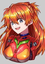 Rule 34 | 1girl, artist request, blue eyes, bodysuit, breasts, highres, long hair, looking at viewer, neon genesis evangelion, open mouth, orange hair, peace symbol, plugsuit, red bodysuit, shiny clothes, smile, souryuu asuka langley, very long hair
