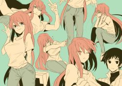 Rule 34 | 1girl, aozaki aoko, blue eyes, closed mouth, denim, closed eyes, jeans, long hair, looking at viewer, looking away, melty blood, multiple views, pants, shirt, simple background, sitting, smile, standing, stretching, tsukihime, very long hair, white shirt
